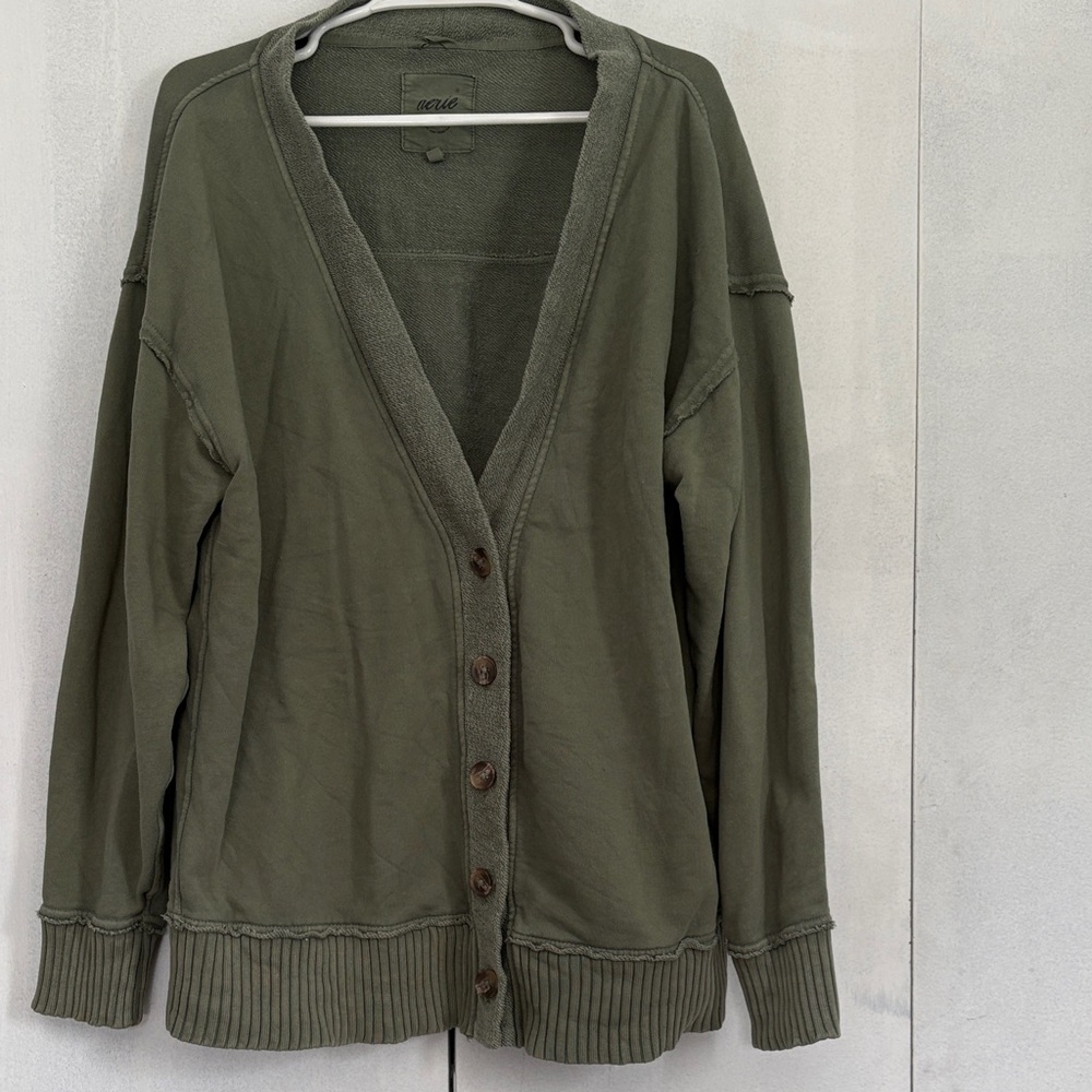 aerie Olive Green Button-Front V-Neck Cardigan Sweatshirt - Picture 4 of 13